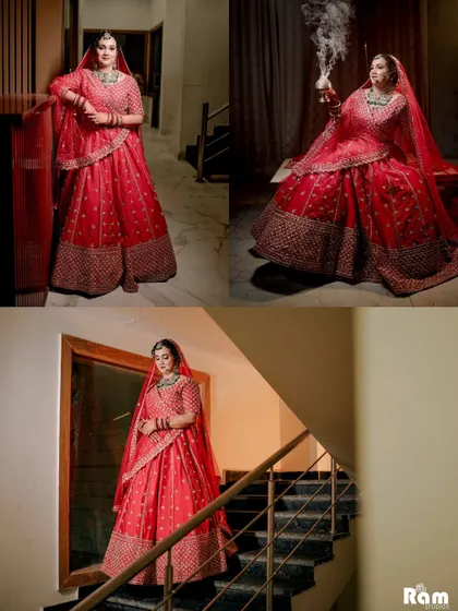 A creative collage of the bride's portraits, including a unique shot where she is holding a vessel with smoke, adding a mystical element to her bridal look.