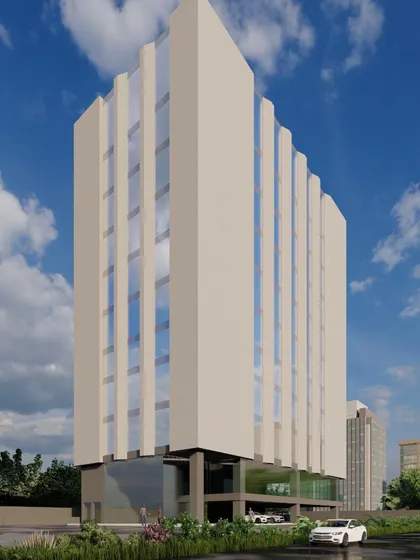 Another view of the climate-responsive office tower concept. This angle reveals how the building interacts with its site, with a recessed glass base that creates a welcoming entrance while the upper floors remain protected by the solid facade.