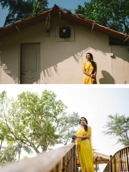 A diptych of the bride in her yellow Haldi saree, captured in the beautiful, rustic setting of a Goa destination wedding.