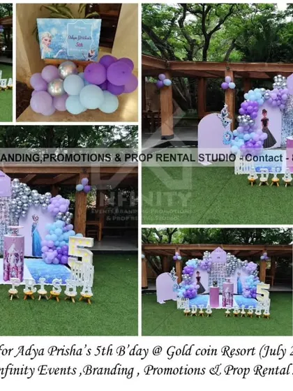 A magical Frozen theme for a 5th birthday at Gold Coin Resort. This outdoor setup features a silver sequin backdrop, a purple and blue balloon garland, castle props, and character cutouts, creating a stunning winter wonderland.