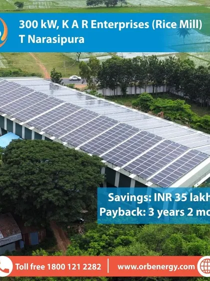 This 300 kW rooftop system for K A R Enterprises (Rice Mill) in T Narasipura is another example of how we help agro-industries save big, with INR 35 lakhs in annual savings and a payback of 3 years 2 months.