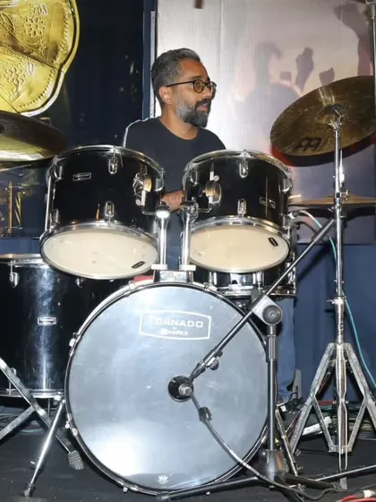 One of our adult students enjoying his time on the drums during the 'Bones' performance.