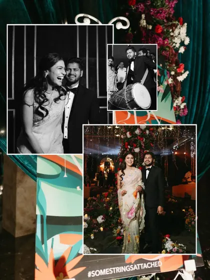 A collage capturing the joy and glamour of a reception night. It features the couple sharing a laugh, the dhol player bringing energy, and guests enjoying the beautifully decorated space.