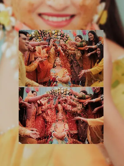 A diptych of the 'phoolon ki haldi' ritual. The bride is showered with red petals by her family and friends in a moment of joyous celebration.