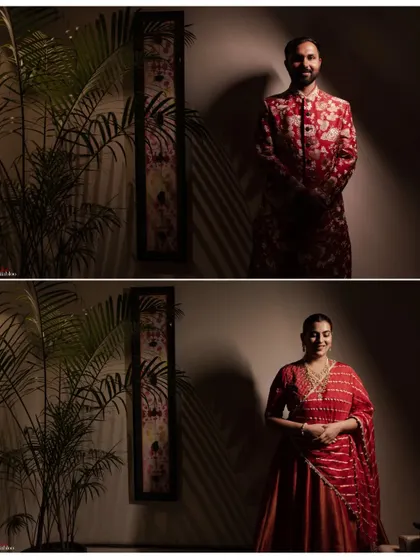 Solo portraits of the bride and groom at their Mehendi. This collage highlights Aashrita and Divyajeet's individual style and the beautiful, dramatic lighting I use to create striking images.