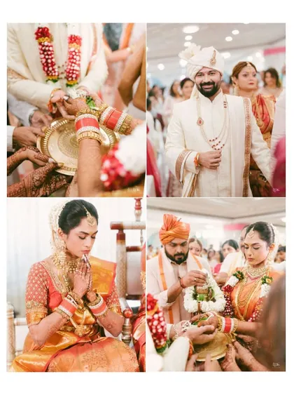A collage of moments from a traditional wedding ceremony, capturing the rituals and the couple's participation.