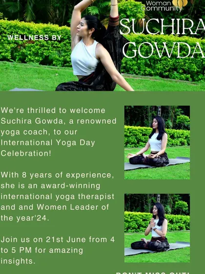 This event poster for an International Yoga Day celebration highlights my experience as an award-winning international yoga therapist, a level of expertise I bring to all my corporate clients.