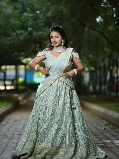 A full-length shot of the grey lehenga, showing the incredible detail and craftsmanship.