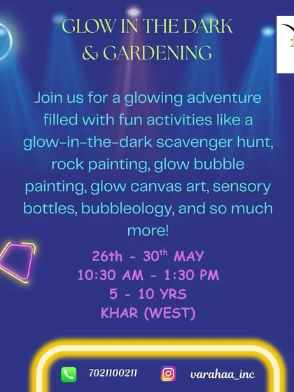 Our "Glow in the Dark & Gardening" camp is a glowing adventure. Activities include a glow scavenger hunt, glow bubble painting, and creating glow sensory bottles, all designed to explore light and chemistry.