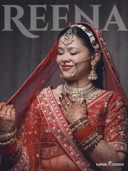 A beautiful close-up portrait of the bride, Reena, her hand gently touching her veil.