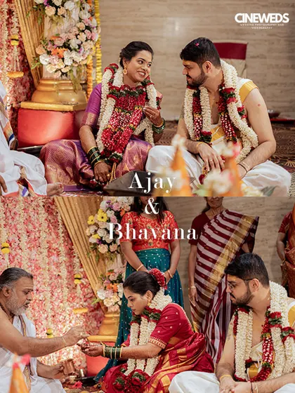 A story-telling collage of Ajay and Bhavana's South Indian wedding ceremony, showing them participating in various important rituals.