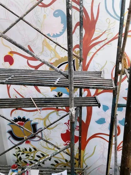 More progress on the intricate branches and flowers of the Kalamkari tree. This fusion of traditional art and modern architecture is what I love.