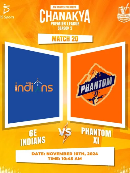 The fixture for Match 20 of CPL Season 2 between 6E Indians and Phantom XI. We keep all participants informed and engaged with regular updates.