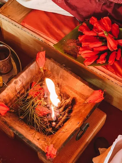 A close-up of a Homa, or fire ceremony. We offer herbs and grains to the fire while chanting mantras, an act that purifies the environment and our own inner consciousness.