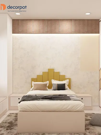 A minimalist bedroom with a unique, stepped headboard in a cheerful yellow. The wall combines a textured finish with wood fluting, creating a subtle yet interesting backdrop.