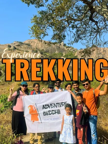 Experience trekking with us! A group photo from our one-day trek to Huthridurga, a beautiful and historic hill fort near Bangalore.