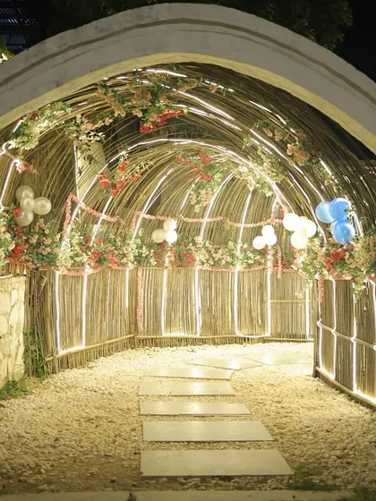 Another perspective of our beautiful entrance tunnel, decorated with balloons for a party.
