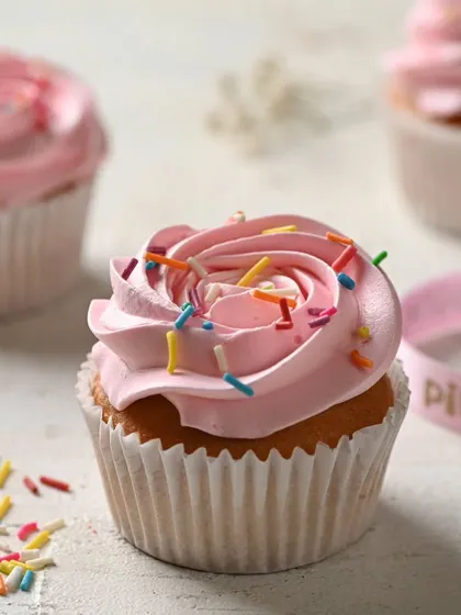 Our strawberry sprinkle cupcake is a classic for a reason. A fluffy vanilla cupcake topped with sweet pink frosting and a dash of colorful sprinkles.