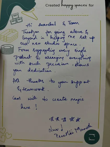A heartfelt thank you note from the makeup artist, Preethi. She appreciated our dedication in going above and beyond to set up her new studio, and we can't wait to see the magic she creates there.