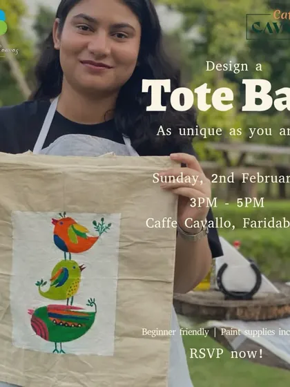 A poster for our tote bag painting workshop in Faridabad, featuring a participant proudly holding up her unique, hand-painted bag with a quirky bird design.