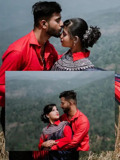 A collage of a couple in a mountain setting, showing both a tender kiss and a loving gaze.