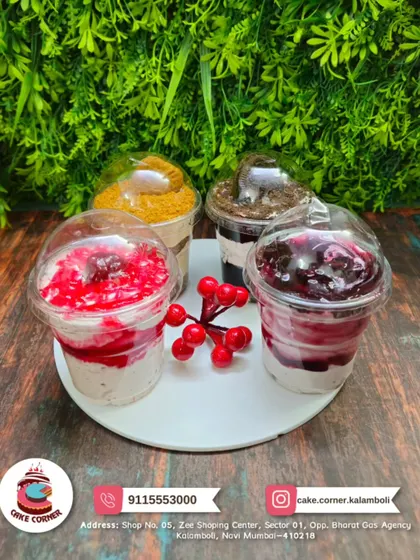 A variety of my delicious dessert cups. I offer flavours like red velvet, blueberry, Oreo, and butterscotch, perfect for individual treats or party platters.