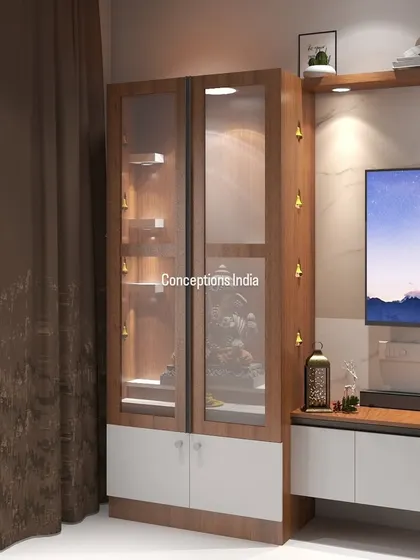 Another view of the integrated puja unit, showing the delicate brass bells on the side that add a traditional touch to the modern design.