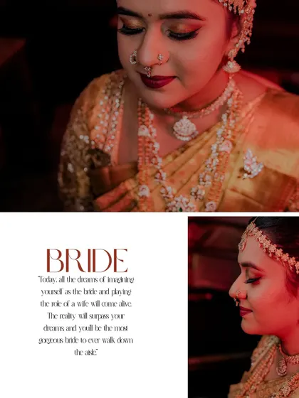 A "BRIDE" themed collage with a heartfelt quote, featuring close-up portraits under warm, red lighting that highlights her makeup and jewelry.