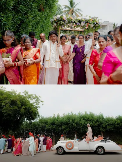 A collage showing the groom's grand arrival in a vintage car, a stylish start to a beautiful fusion wedding.