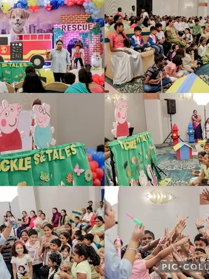 A collage from a lively Paw Patrol and Peppa Pig themed birthday party. You can see the kids are fully engaged, from watching the show to reaching for bubbles.