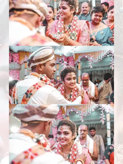 A collage of close-up shots capturing the bride's beautiful expressions as she glances at her groom during the wedding ceremony.