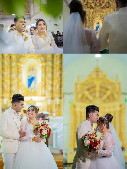 A collage of a Catholic wedding ceremony, capturing the couple's expressions, the priest's blessing, and their romantic portraits.