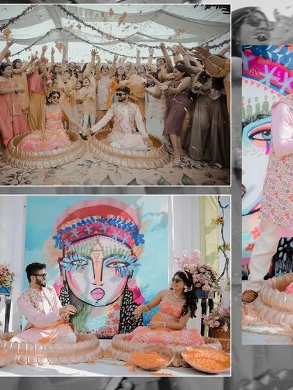 This collage showcases a unique and artistic Haldi ceremony. The couple is seated in decorative baskets against a colorful, modern art backdrop, creating a visually stunning scene.