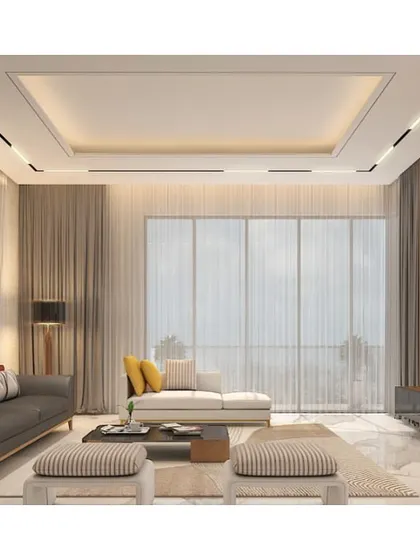 This living room concept is designed for modern family life. The layout is open and inviting, with comfortable seating and a media wall that integrates seamlessly into the design, using warm wood tones and subtle lighting.