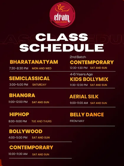 Our class schedule, covering a wide range of styles from Bharatanatyam and Contemporary to Bhangra and Aerial Silk. There's a rhythm for everyone at Etram.