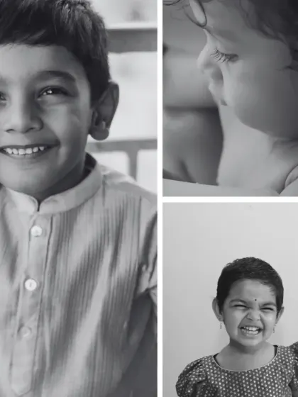 A black and white collage capturing the genuine smiles and expressions of different children. It highlights my passion for documenting the unique spirit of every child I photograph.