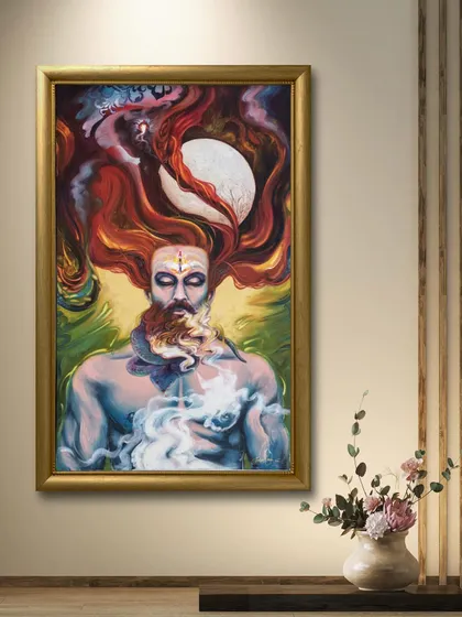 A custom painting of a meditating figure, designed to bring a sense of peace and introspection to a room. The vibrant, flowing hair represents the universe of thoughts and energies that surround us.