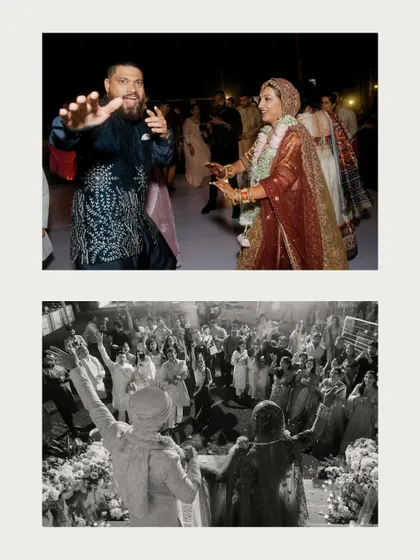 The dance floor is packed with energy, showing the couple dancing with guests and a wide shot of the entire party celebrating.