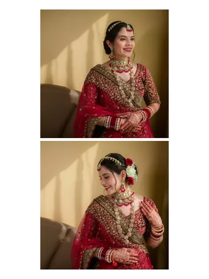 Two portraits of the bride in her red wedding lehenga. These shots capture her happy smiles and the beautiful details of her hair and outfit.