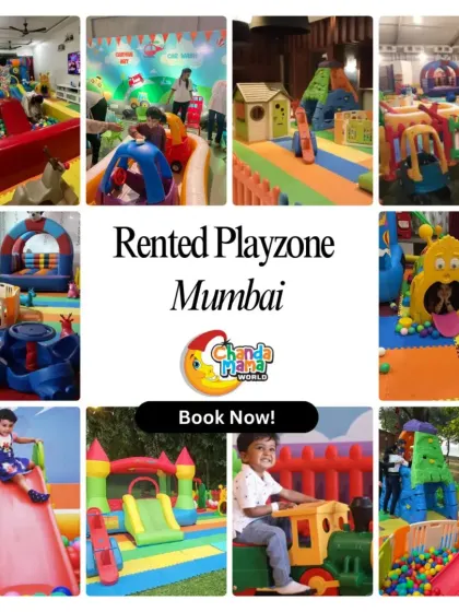 A collage of rented playzones in Mumbai, showing kids enjoying slides, trains, and ball pits. It’s a great overview of the fun activities I can bring to your event.