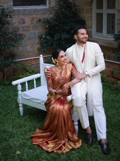 The complete traditional look for a South Indian wedding ceremony. The makeup is designed to be long-lasting and picture-perfect from every angle, complementing the intricate details of the bridal attire.