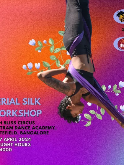 We collaborate with experts like Bliss Circus Goa to bring exclusive workshops to our students. This poster announces an intensive aerial silk workshop, perfect for those wanting to dive deeper into the art form.