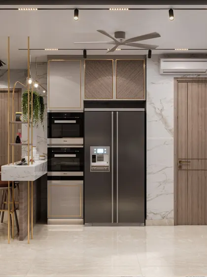 A render of a Gurugram kitchen featuring a breakfast counter with an elegant marble top and golden accents. This space is designed to be both practical for quick meals and stylish for entertaining.