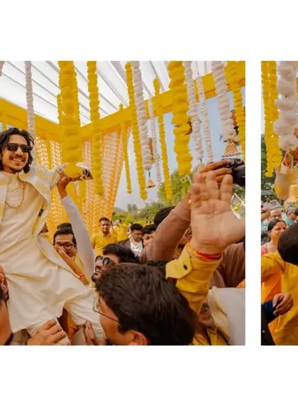 The groom being lifted up by his friends is a classic Haldi moment. This collage captures the excitement and joy of Atul's celebration, surrounded by his enthusiastic friends.