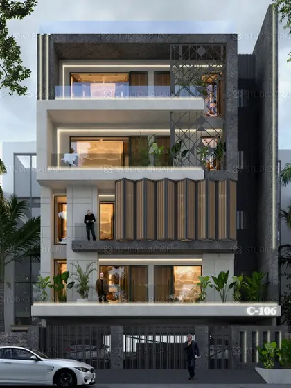 A modern residential elevation for a 300 sq. yard plot in Kirti Nagar. The design features a striking combination of stone cladding, dark metal railings, and articulated wooden louvers for privacy and aesthetic appeal.