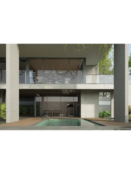 A conceptual rendering of the 'House on Water', where living spaces appear to float above a serene pool. The design uses large glass panels and open terraces to maximize views and create a seamless connection between the interior and the aquatic landscape.