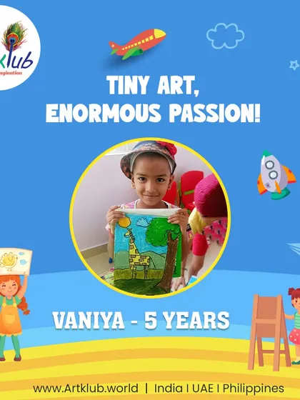 Vaniya, age 5, shows enormous passion with her tiny art, a colorful drawing of a giraffe under a tree.