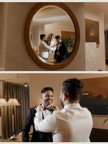 A collage showing the groom getting help with his bow tie, a classic getting-ready moment.