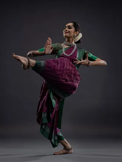 A dynamic pose for the goddess Kushmanda from the Navaratri series. The eight-armed goddess is believed to bestow health and wealth, and this pose reflects that vibrant energy.