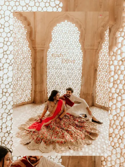 Creative framing and layering add an artistic touch to this royal pre-wedding portrait in Jaipur.